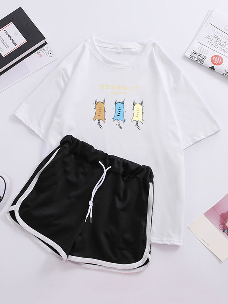 

Women Cartoon Animal Print Pajamas Short Set Outwork Loungewear With Sports Shorts