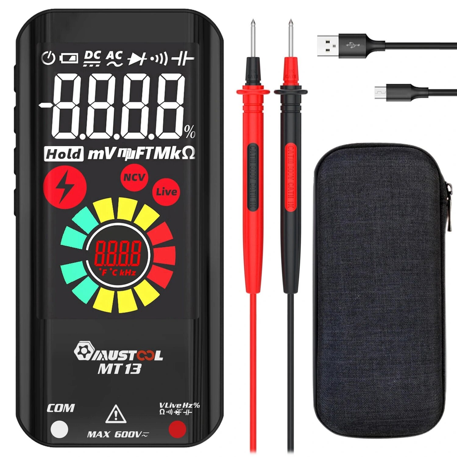 MUSTOOL MT13 Mini Smart Multimeter 3.2-inch Color Screen Digital 9999 Counts True RMS Multimeter Built-in Rechargeable Lithium Battery Voltage Tester