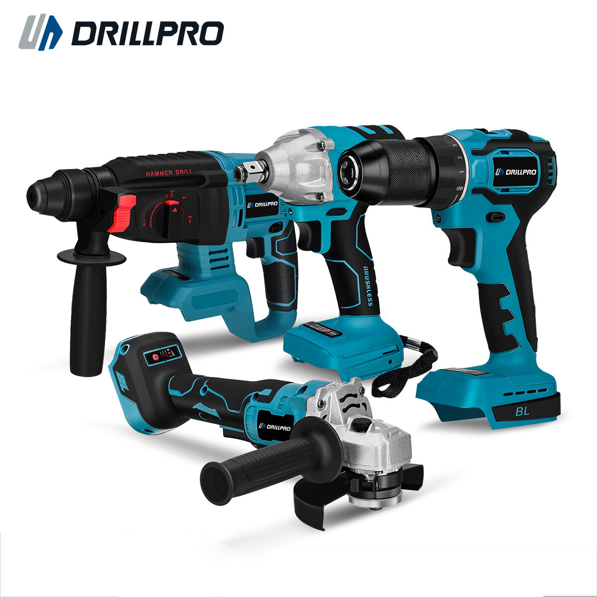 

Drillpro Power Tool Set Electric Wrench 125mm Angle Grinder 13mm Electric Drill Rotary Hammer Compatible with Mak Batter