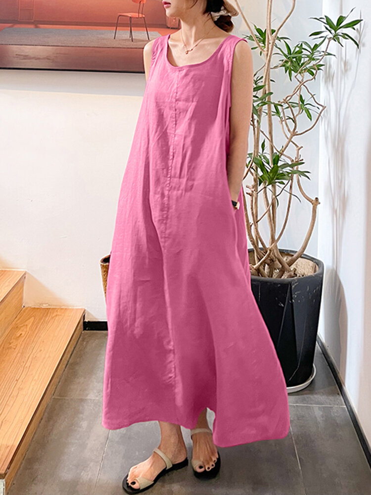 Solid Pocket Drawstring Sleeveless Cotton Casual Maxi Dress