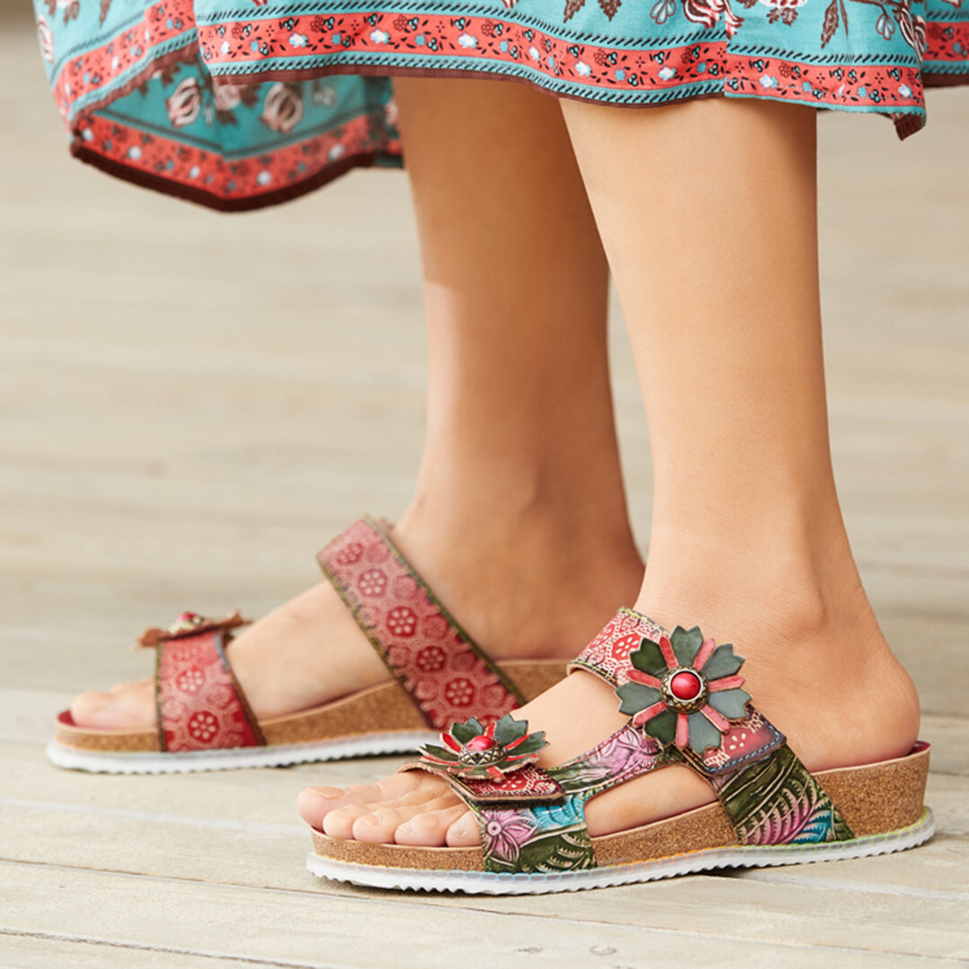 

Socofy Genuine Leather Comfy Beach Vacation Bohemian Ethnic Floral Hook & Loop Outdoor Wedges Sandals