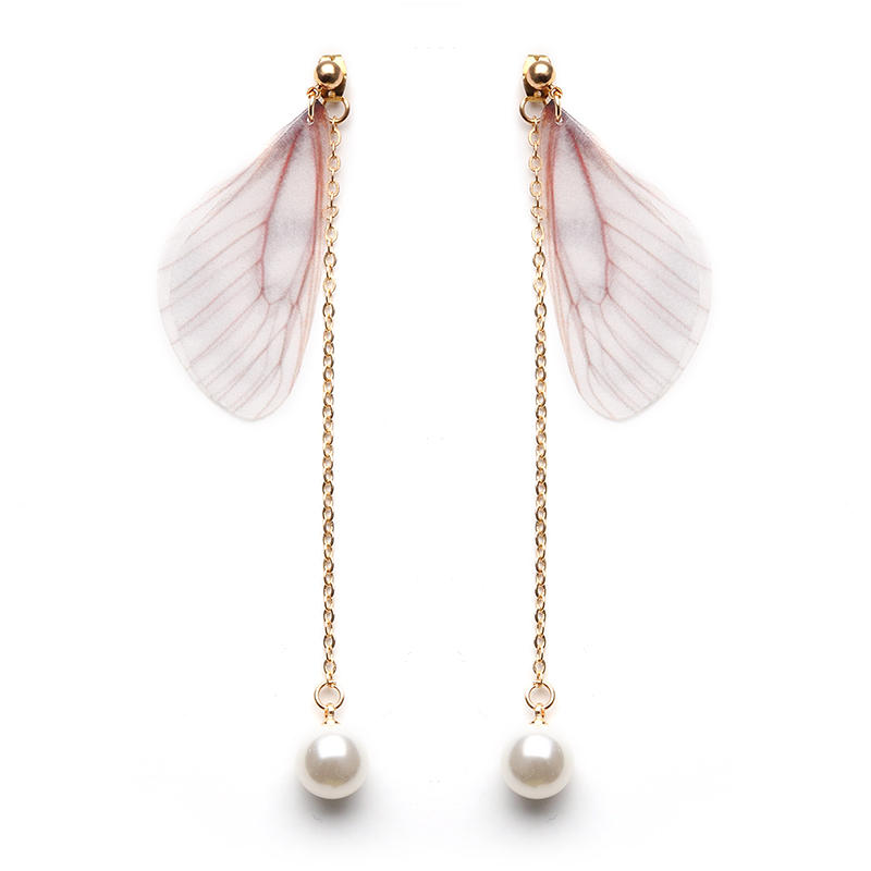 Sweet Chiffon Wings Asymmetric Artificial Pearl Women Earrings