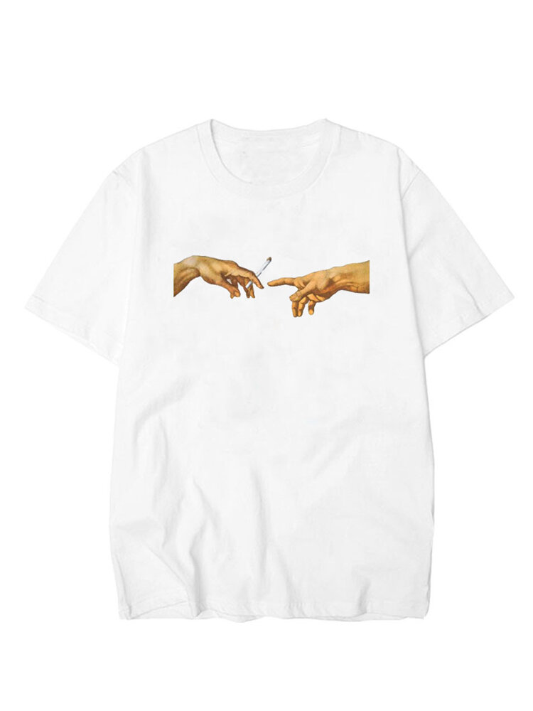 Grappige vinger gedrukte ronde hals Basic Casual T-shirts Tee