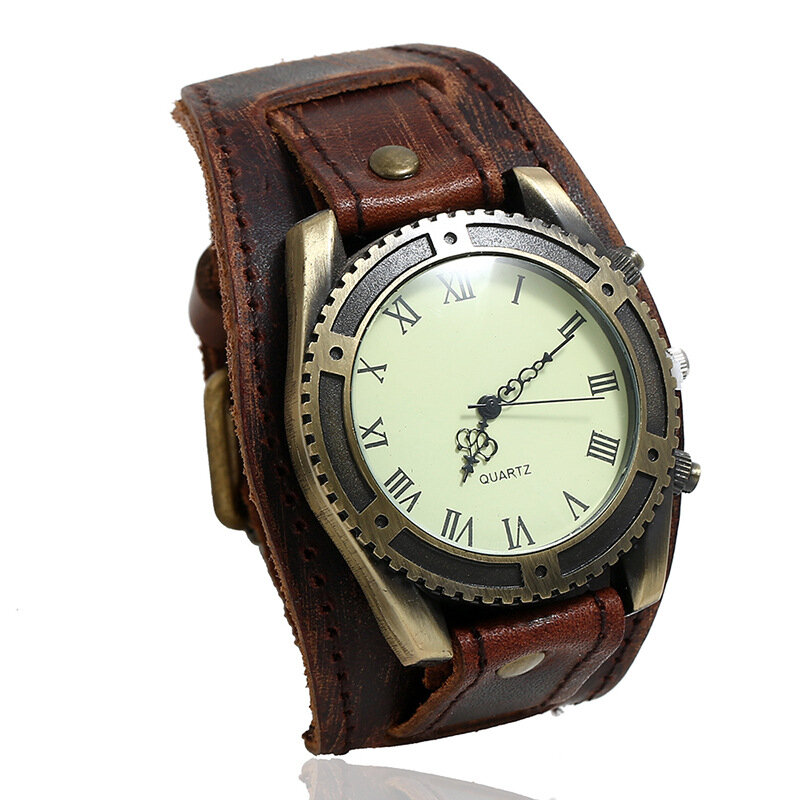 Vintage Cow Leather Bracelet Watch Adjustable Strap Roman Numerals Men Quartz Watch
