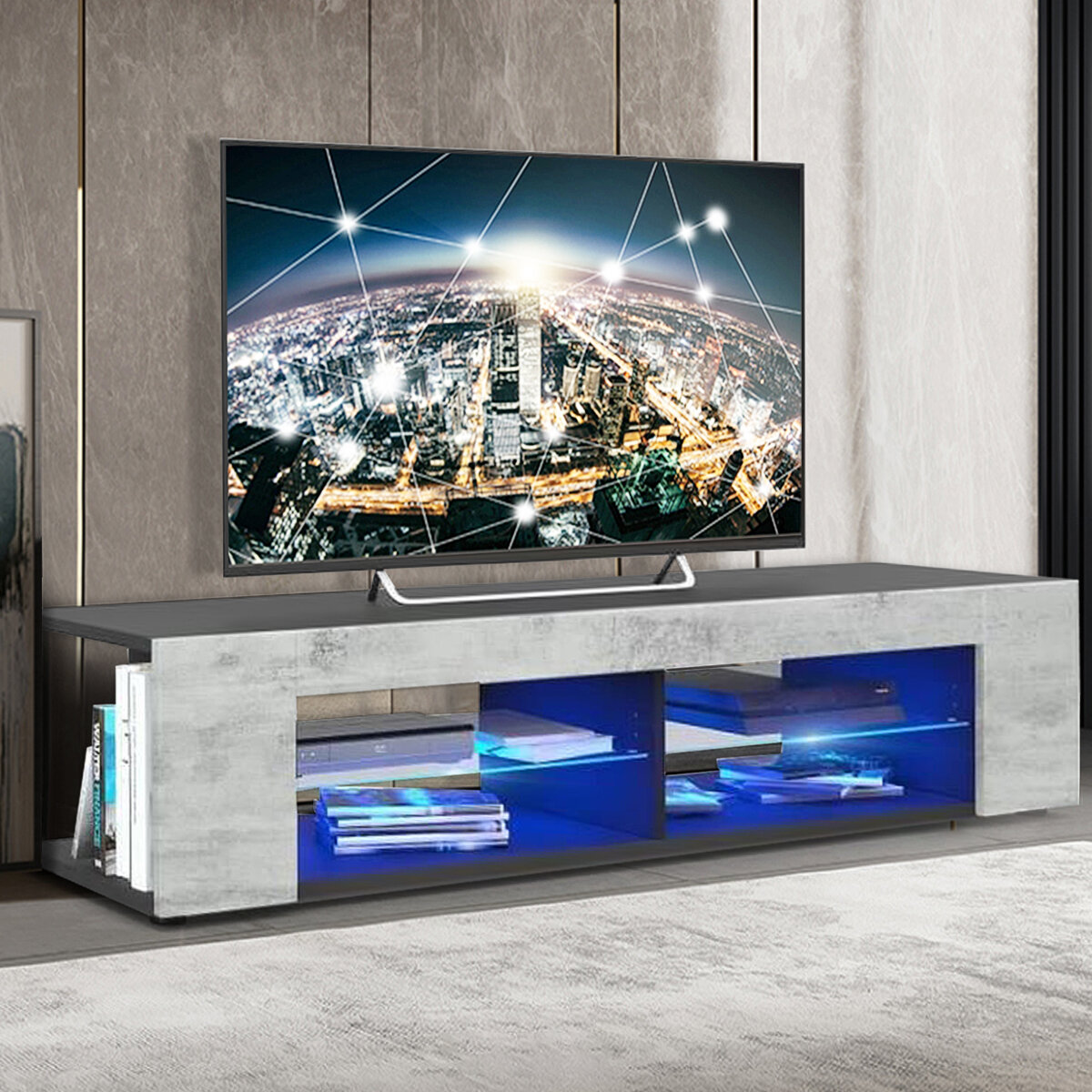 Woodyhome High Gloss TV Stand with LED Lights Modern TV Console Storage Holder with 4 Open Layers Entertainment Center f