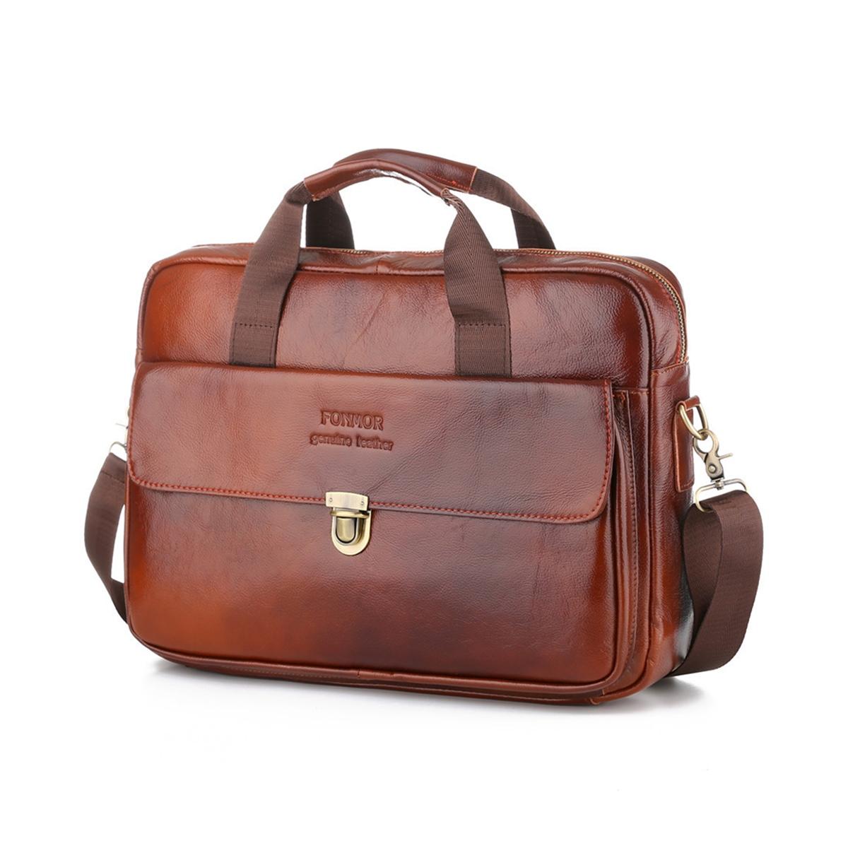 Men Leather Business Bag Briefcase Outdoor Waterproof Shoulder Messenger Handbag 14Inch Laptop Tote 