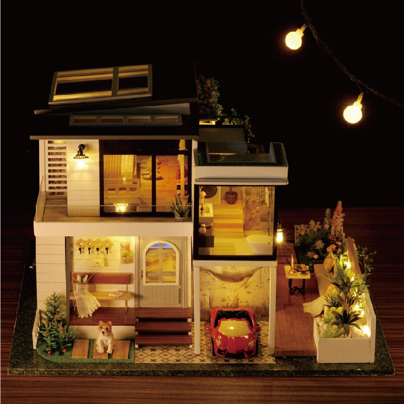 CUTEROOM LED Licht DIY Poppenhuis Miniatuur Gebouw Model Gemonteerd Speelgoed Met Stofkap en Meubels