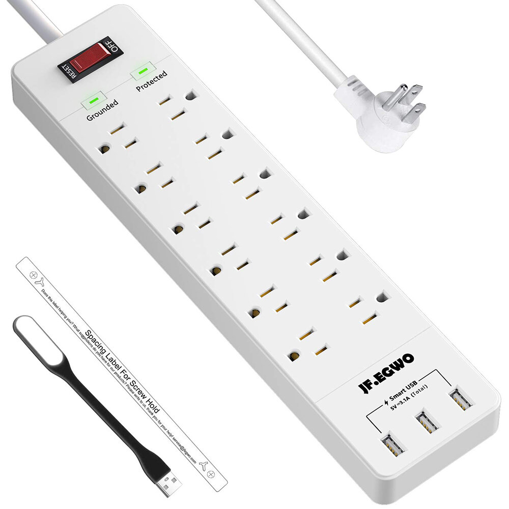 

JF.EGWO 3 USB Efficient and Safe Power Strip with Surge Protection USB Outletwith 12 Outlets Flat Plug For Smart Phone