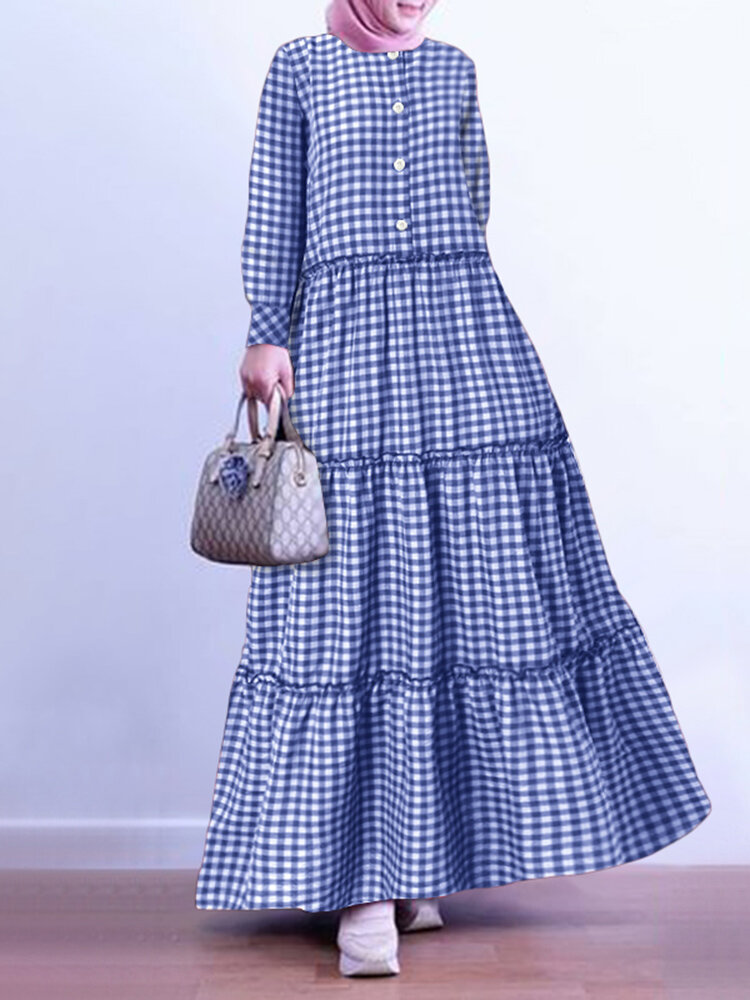 Dames raster bedrukt button-down voorkant Kaftan gewaad Vintage gelaagde maxi-jurk