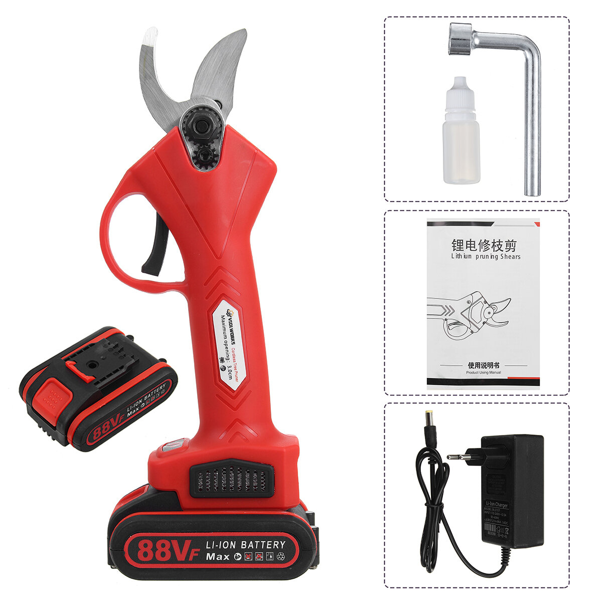 

21V Cordless Electric Pruning Shears Secateur Branch Cutter Scissor With 1/2 7500mAh Battery Red