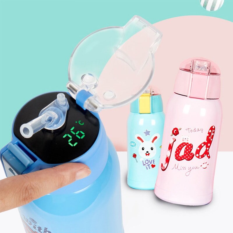 

500ml Cartoon Smart Temperature Display Thermos Vacuum Flask Cup Mug Portable Pressing Straw Style Water Bottle Keep War