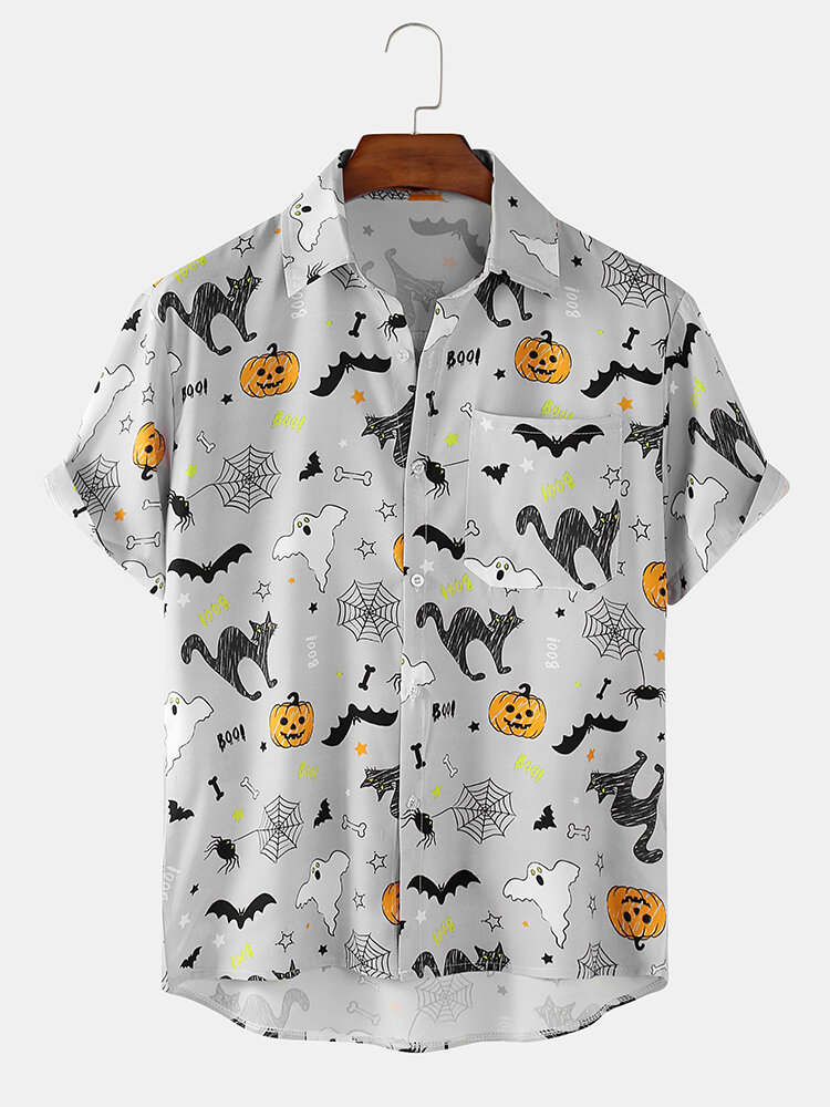 Halloween Cartoon Print Turn Down Collar Shirts met korte mouwen