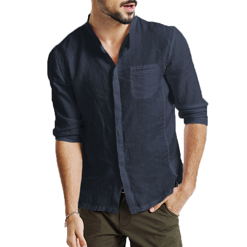 mens cotton 3/4 sleeve missing buttons band collar shirts at Banggood