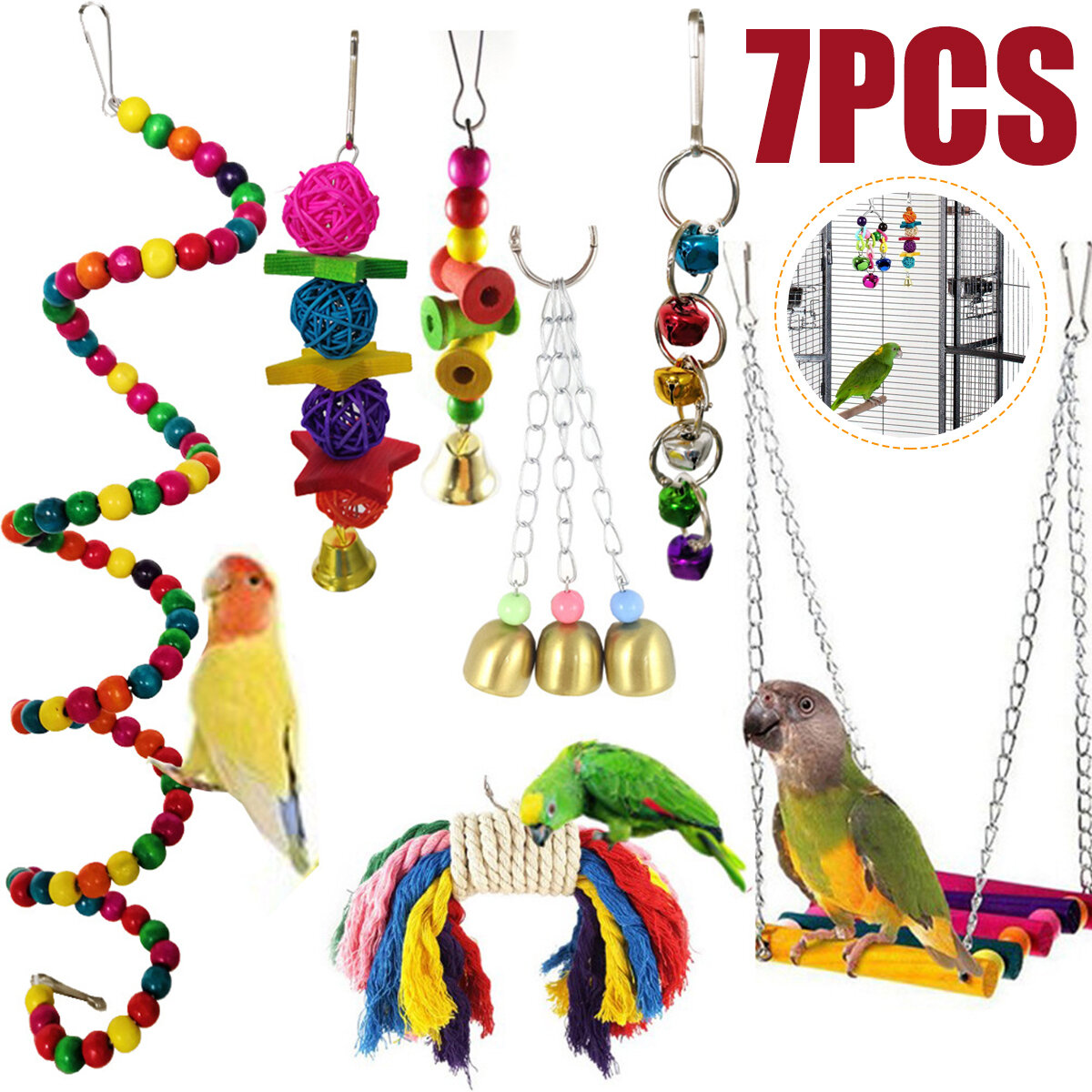 7 stks / set combinatie papegaai speelgoed vogel artikelen papegaai bijten speelgoed papegaai grappi