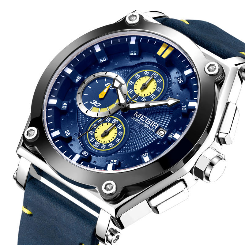 

MEGIR 2098 Sports Chronograph Date Waterproof Quartz Watch Leather Strap Men Wrist Watch