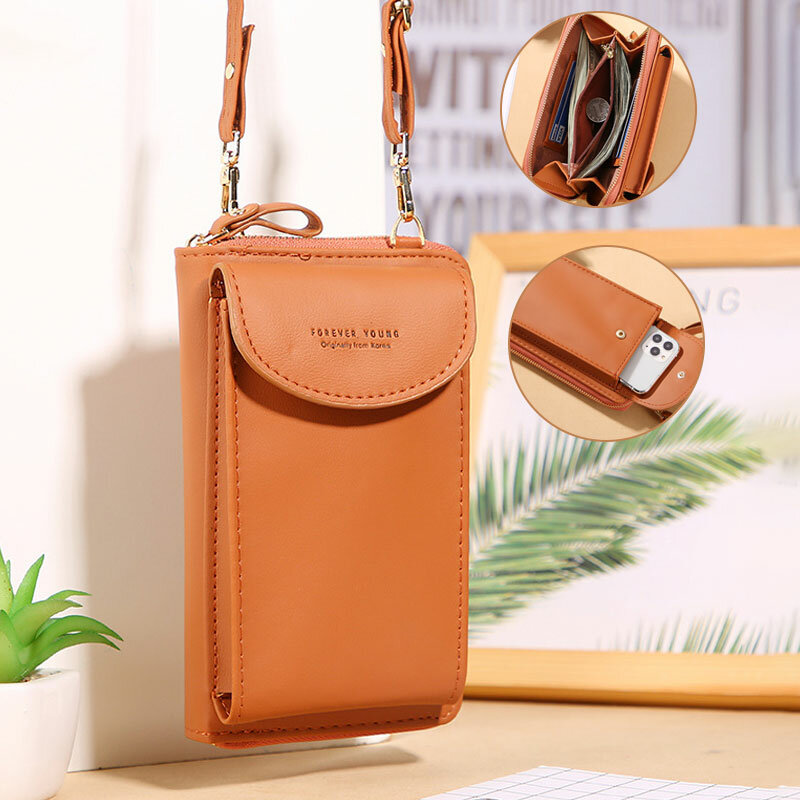 Women Mini Wild Long PU Leather Wallet Casual 6.3 Inch Phone Bag Shoulder Bag Crossbody Bag