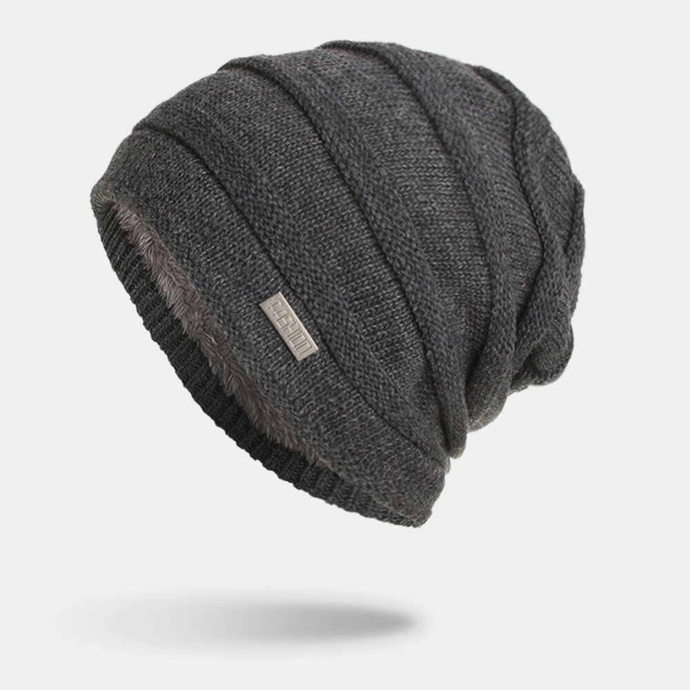 Men Wool Plus Velvet Striped Pattern Outdoor Warm Brimless Beanie Knitted Hat Toque Hat
