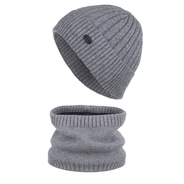 New Plus Thick Striped Iron Beanie Hat With Collar Suit