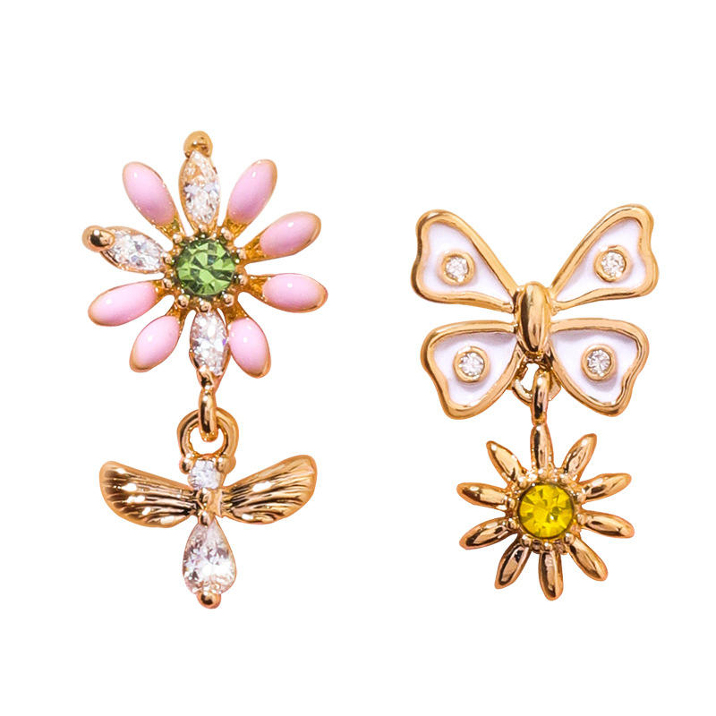 Image of Sweet Flower Butterfly Stud Earrings Anallergic Sterling Silver Needle Rhinestone Womens Earrings