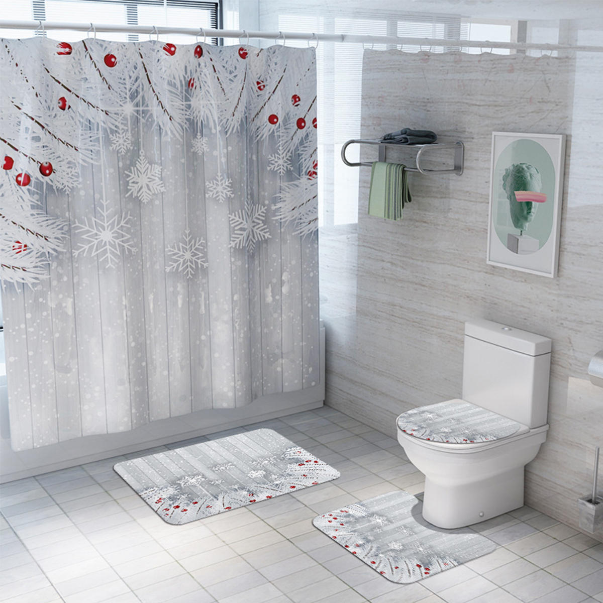 4PCS Non-Slip Rug Toilet Lid Cover Bathroom Set Bath Mat Shower Curtain Mug Set