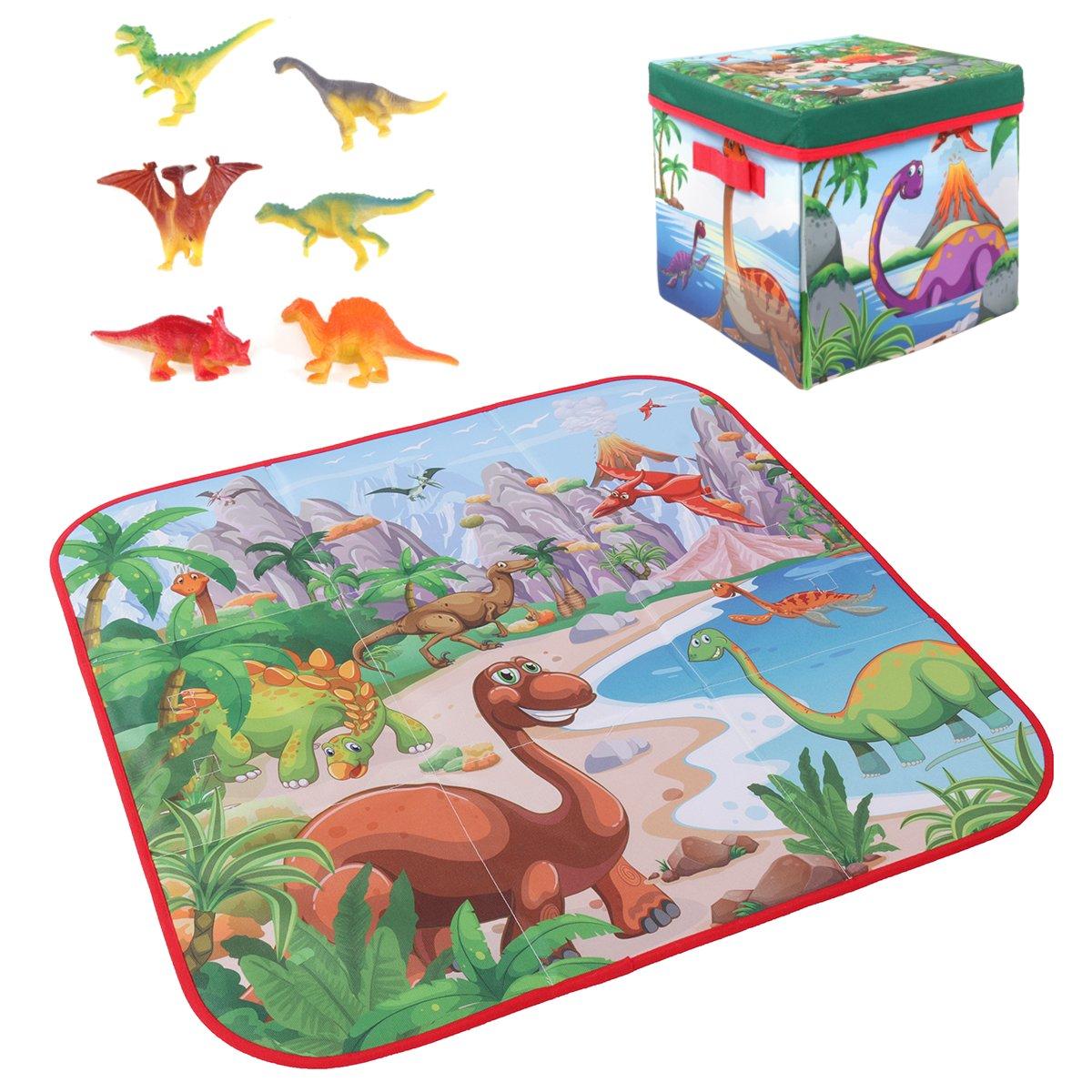 Tappeto da gioco per bambini a tema cartone animato di 72x72 cm + 6 giocattoli di dinosauri, scatola pieghevole quadrata per il campeggio e il picnic, tappeto per il gattonamento del bambino.