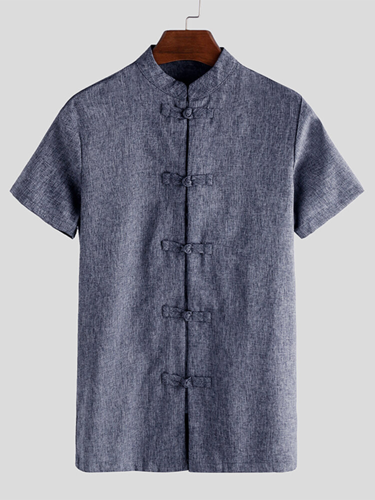 Heren Chinese stijl kikker button-up korte mouw T-shirt losse casual shirt tops