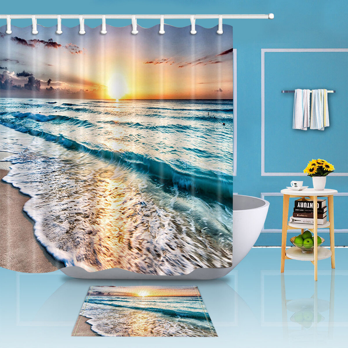 Ocean Beach Sunset Polyester Waterproof Bathroom Shower Curtain Mat Set Decor
