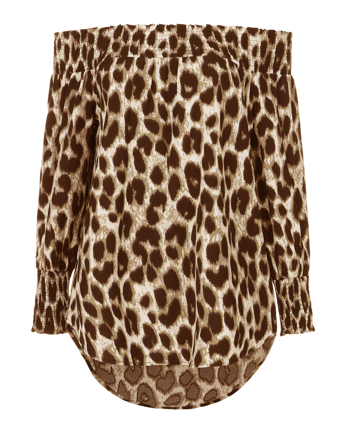 Blusa feminina de manga comprida com estampa de leopardo sem ombro