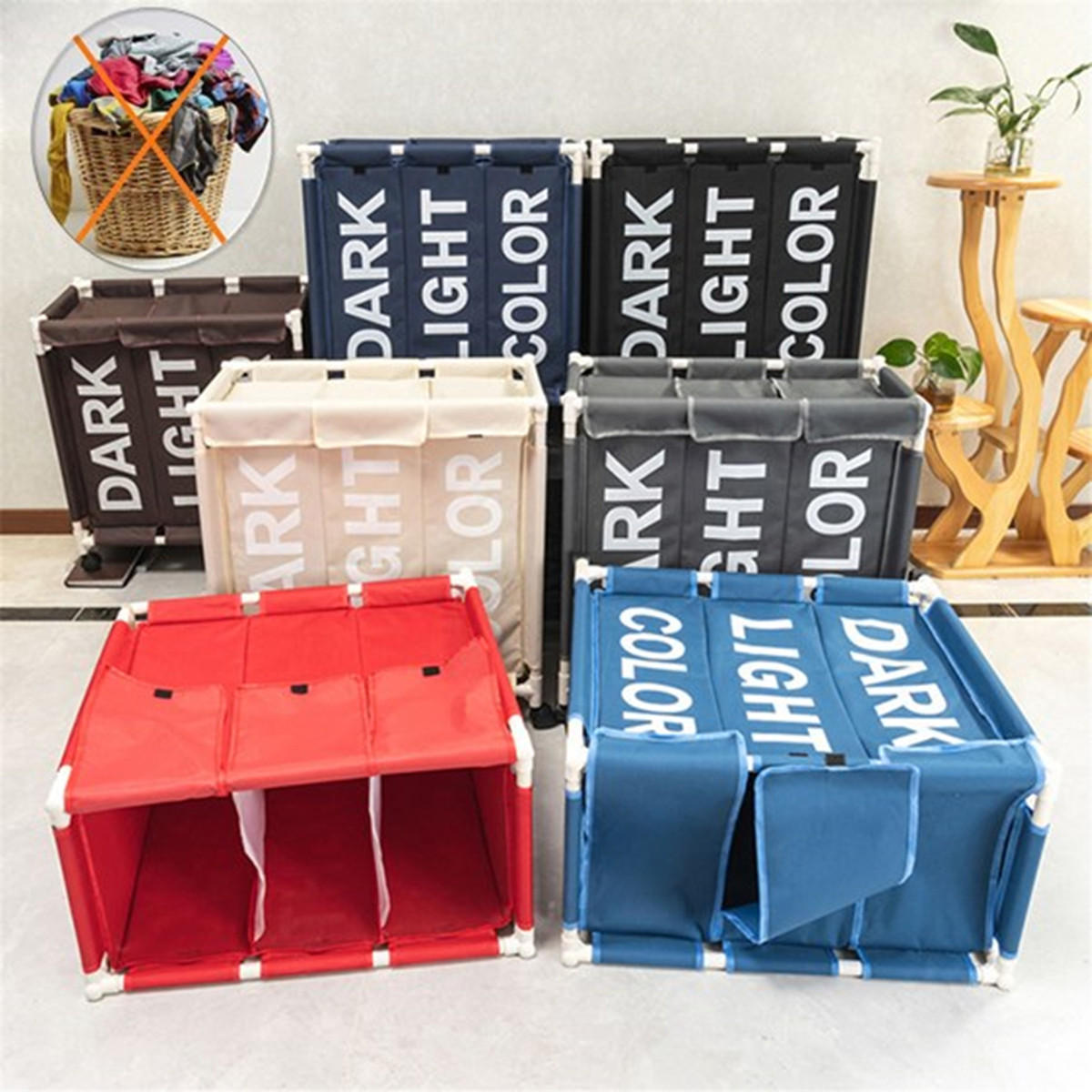 

Rolling Laundry Basket Organizer 3 Grid Large Laundry Hamper Bin Waterproof Laundry Bags For Dirty Clothes Storage Box B