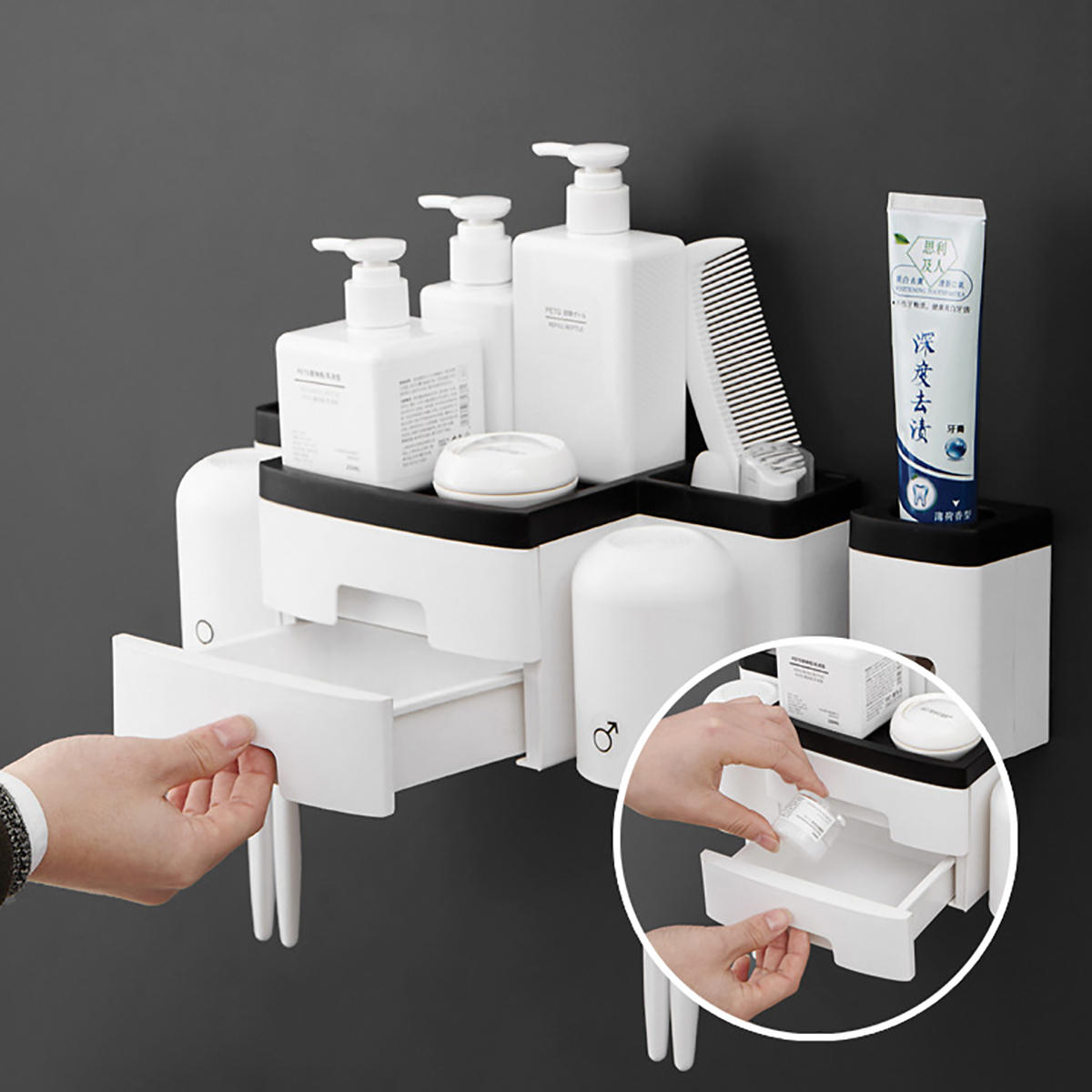 Kitchen Shelf Toothbrush Rack Hole-free Mouthwash Cup Bathroom Wall-mounted 2 Drawers Toothbrush Receptacle Rack + Tooth