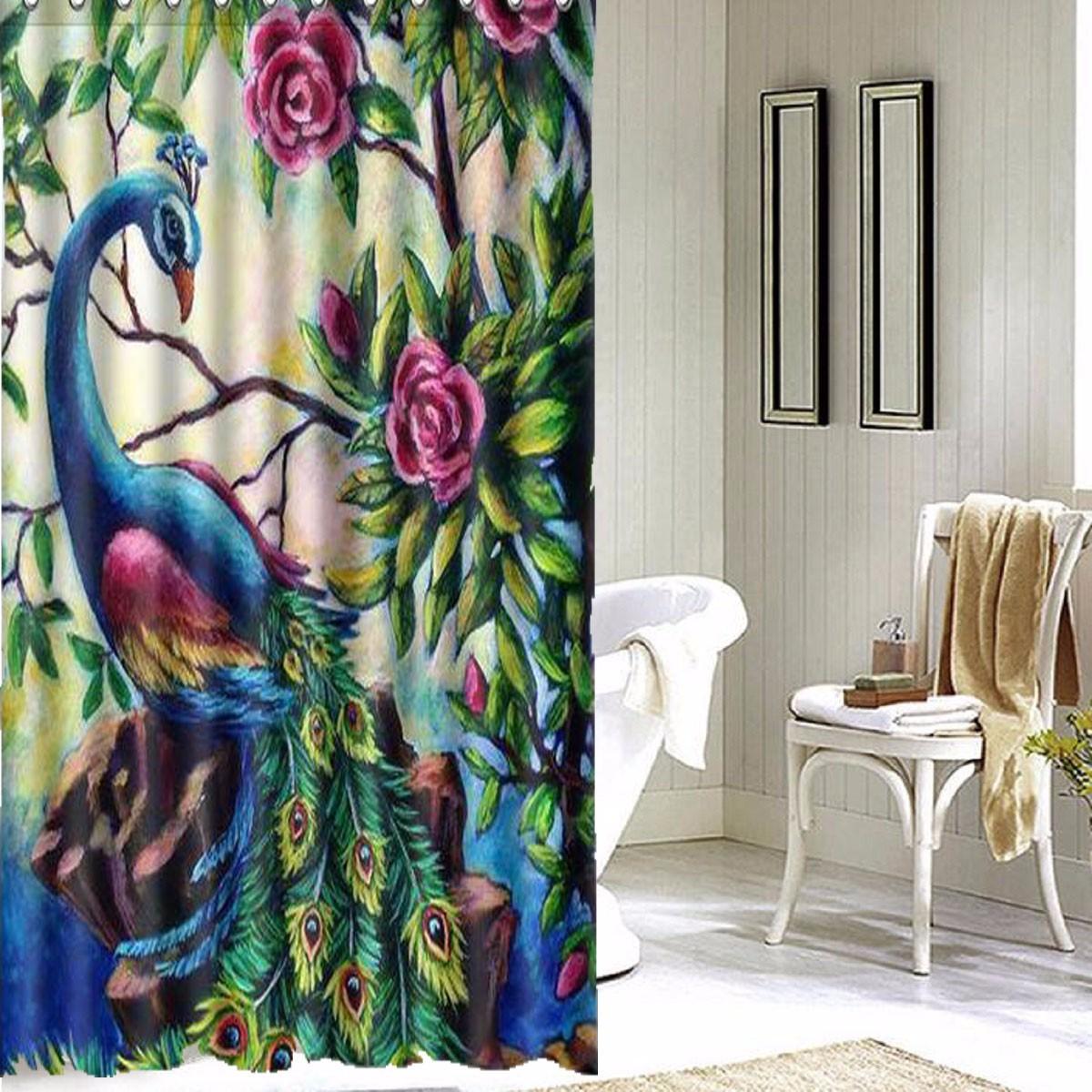 Bathroom 3D Printed Polyester Fabric Colorful Peacock Shower Curtain Waterproof Washable Bath Curtains With 12 Hooks