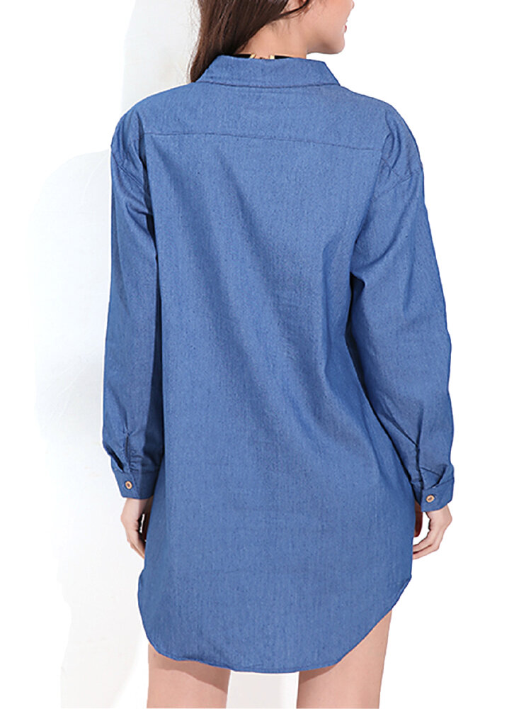 Long Sleeve Turn-down Collar Denim Mini Dress Casual Shirts