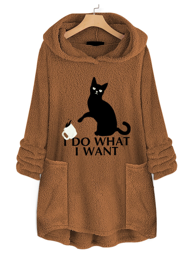 Women Casual Cat Print Hooded Fleece Thicken Sweatshirt Hoodies With Pocket