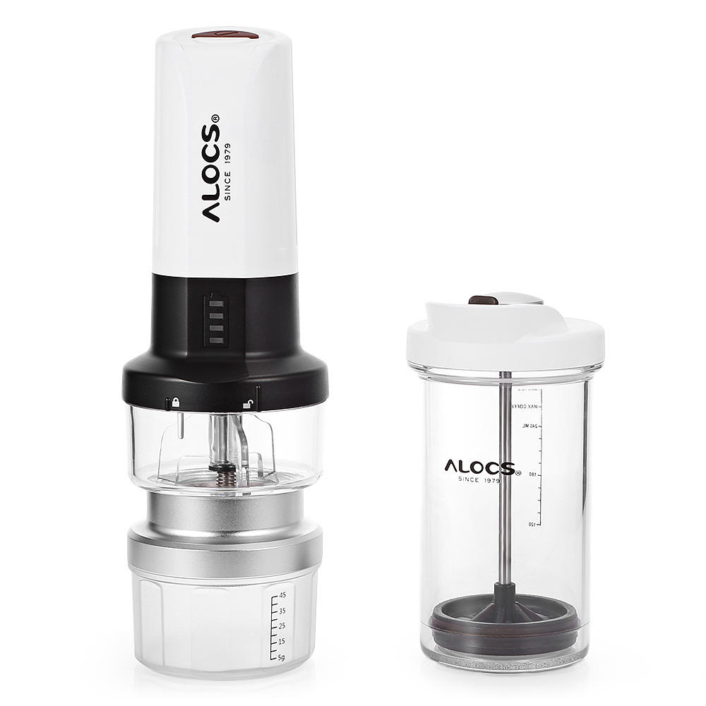 ALOCS kültéri evőeszköz készlet elektromos hordozható kávéfőzővel és kávédarálóval kempingezéshez, kempingfény funkcióval és szűrőkészletekkel kávéfőzőkhöz.