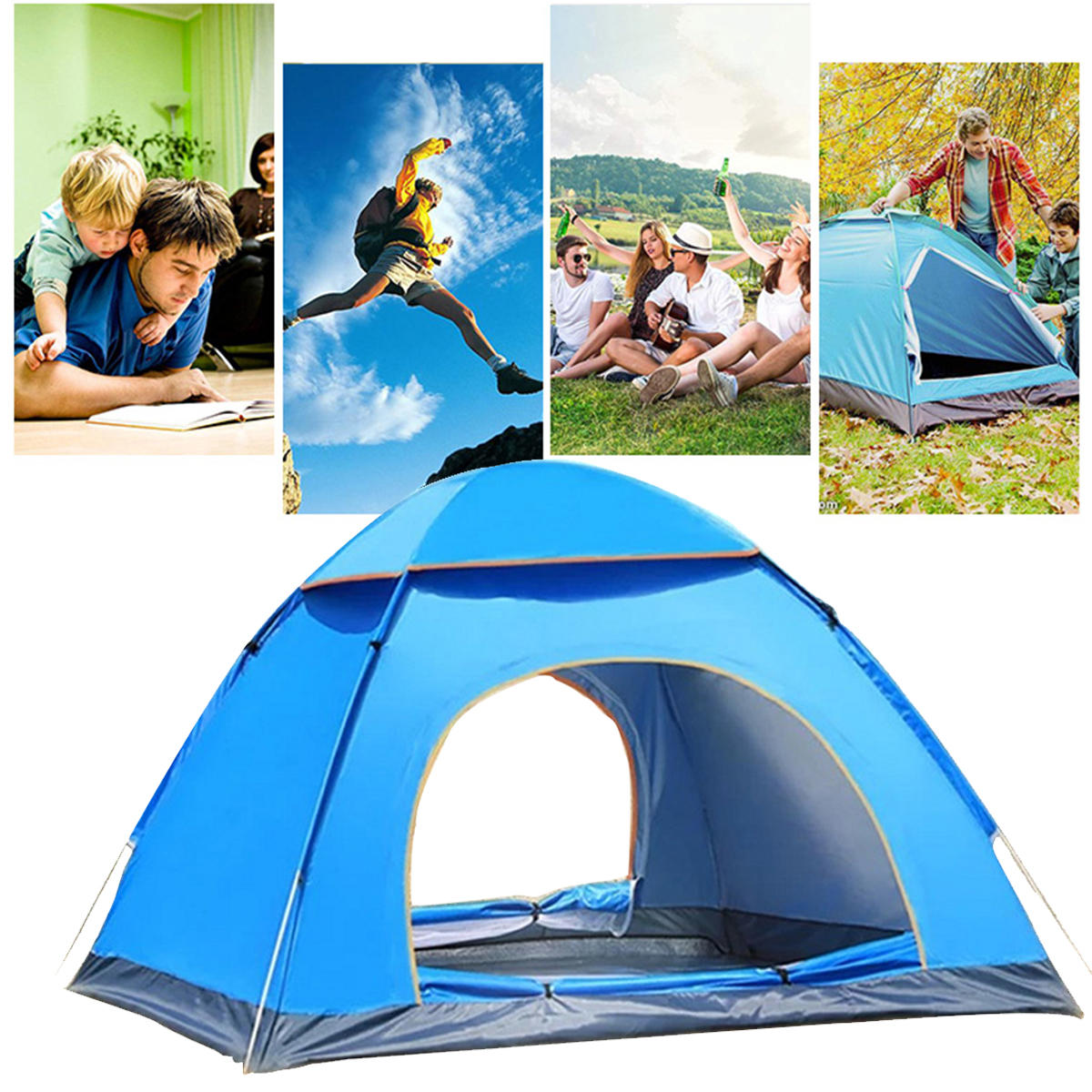 Outdoor Dome campingtent voor 3-4 personen met dubbele deur, waterdicht polyester, ideaal voor strand- en wandeltochten.