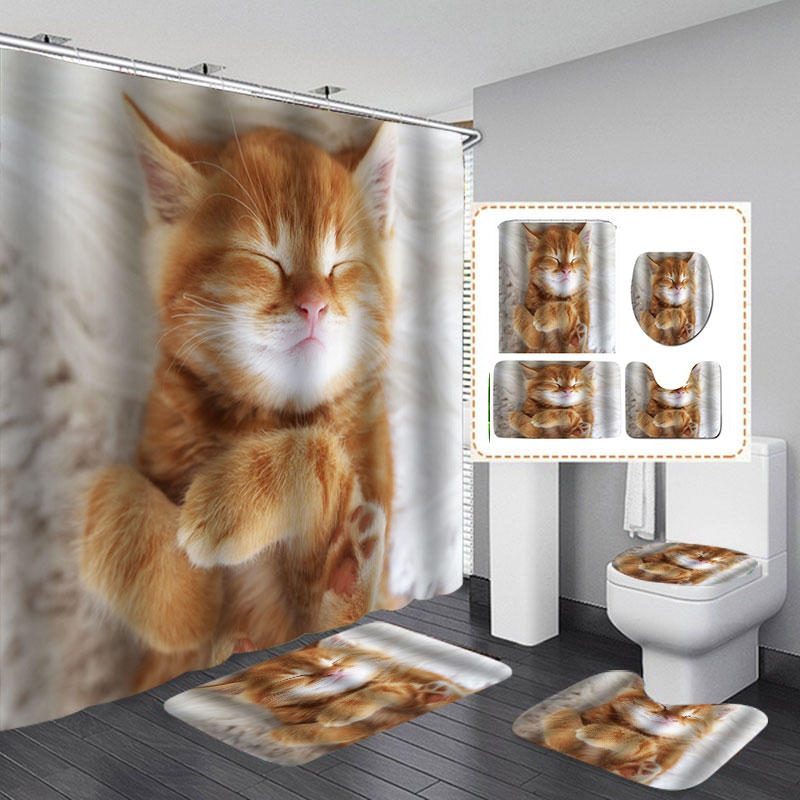 Details about   Orange Cat Printing Waterproof Bathroom Shower Curtain Toilet Cover Mat Set * 