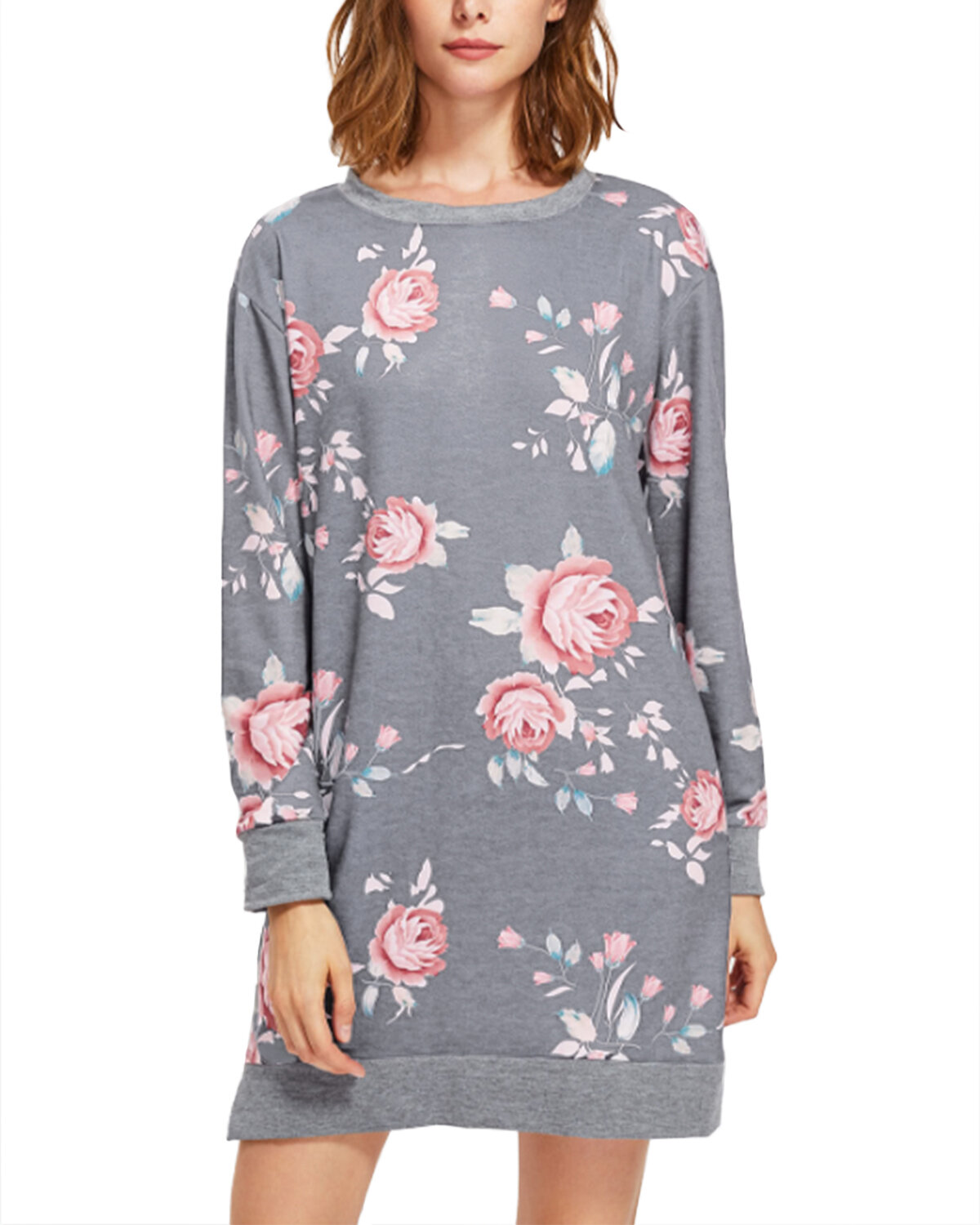 Image of Damen Blumen Langarm Tasche O-Ausschnitt Sweatshirt Rundhalsausschnitt Kleid