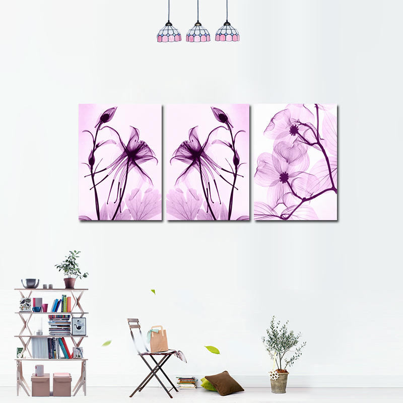 Miico Handgeschilderde decoratieve schilderijen met drie combinaties Botanische paarse bloemen Wall 