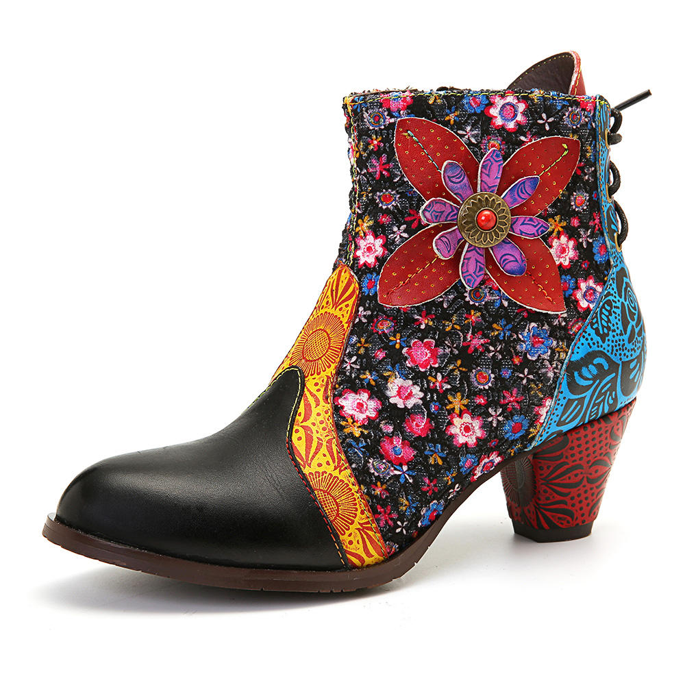 57% OFF on Women Retro Leaf Flower Leather Comfy Zipper Ankle Boots