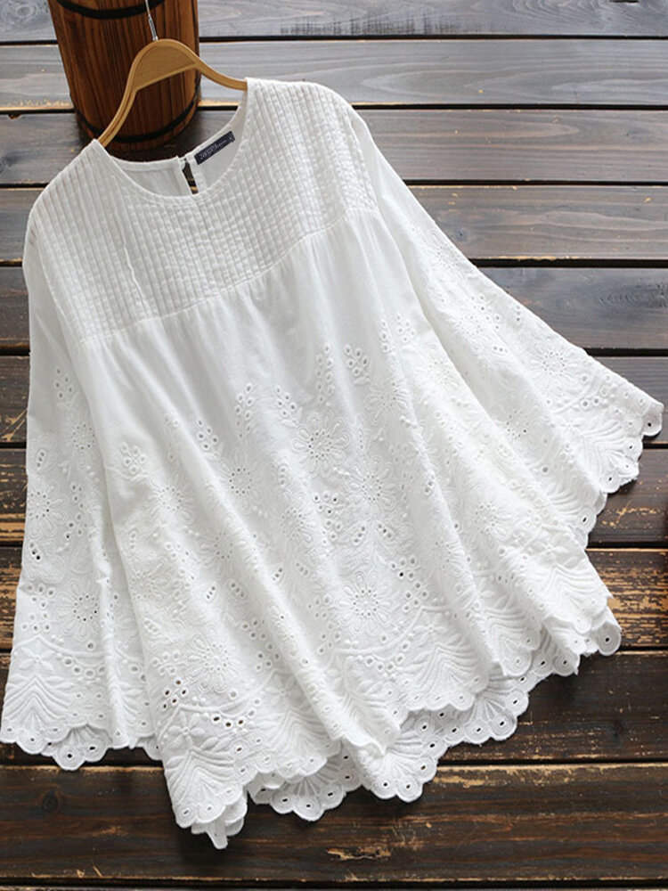 Women Pure Color Hollow Out Lace Patchwork 3/4 Sleeve Blouse