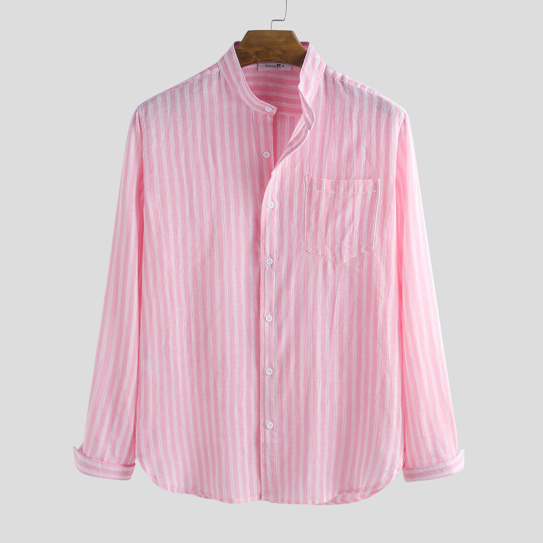Men cotton stripe plain color stand collar long sleeve shirts Sale ...