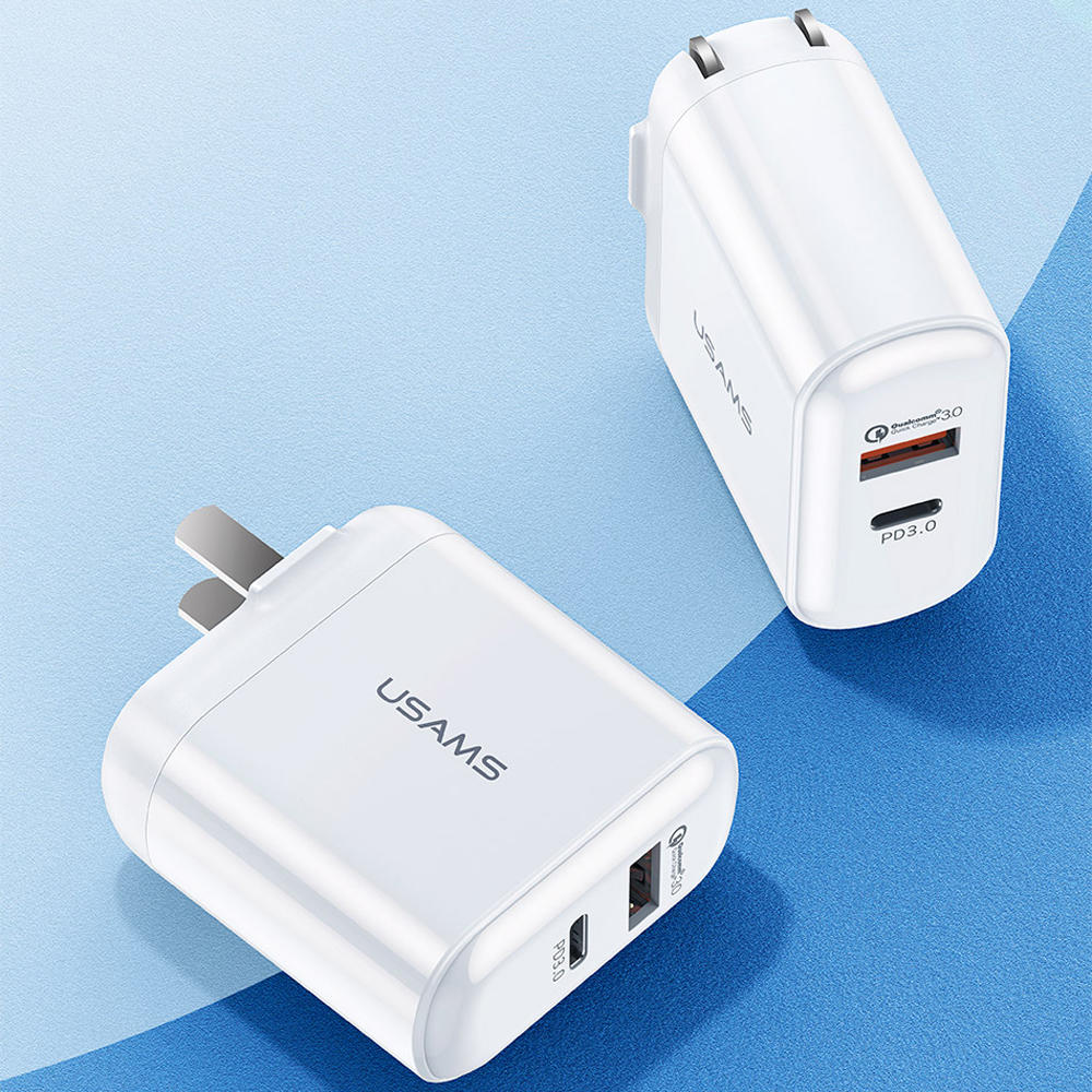 USAMS QC3.0 24W Type-CPD高速充電USB充電器iPhone11 Pro Huawei P30 Mi9 S10 + Note10