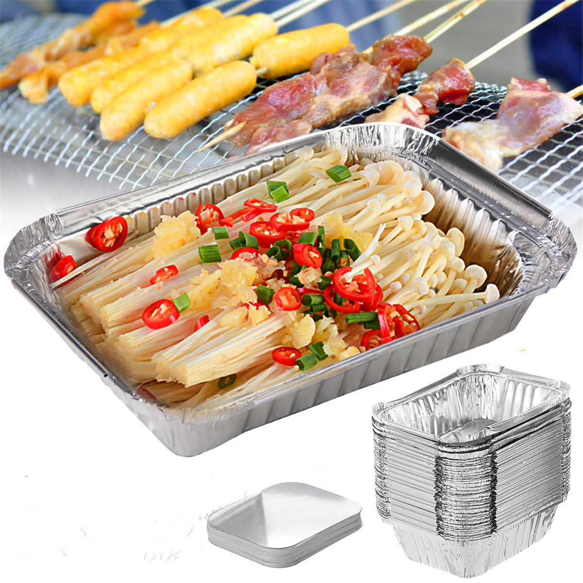 50PCS Aluminum Foil Trays BBQ Disposable BBQ Mat Food Container Baking Pan With Lids