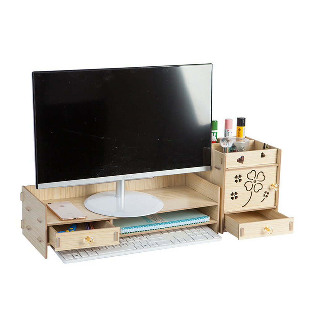Multifunctionele desktopmonitorstandaard computer laptop-schermverhoging houten plank bureau-opslaghouder