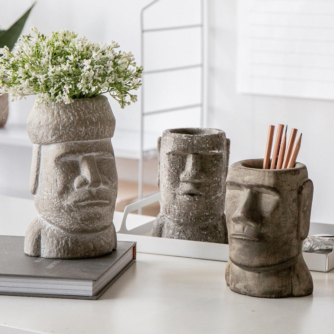 Yuihome Vintage Cement Easter Moai Stone Portrait Organizer Stone Statue Sandstone Flower Pot Pen Holder Desktop Contain
