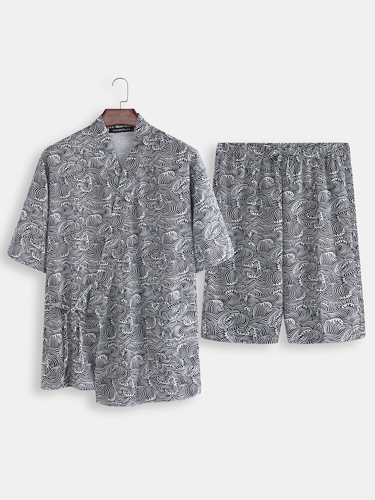 2 STKS Heren Kimono Yukata Pyjama Japanse Stijl Badjas Bloemenprint Nachtkleding