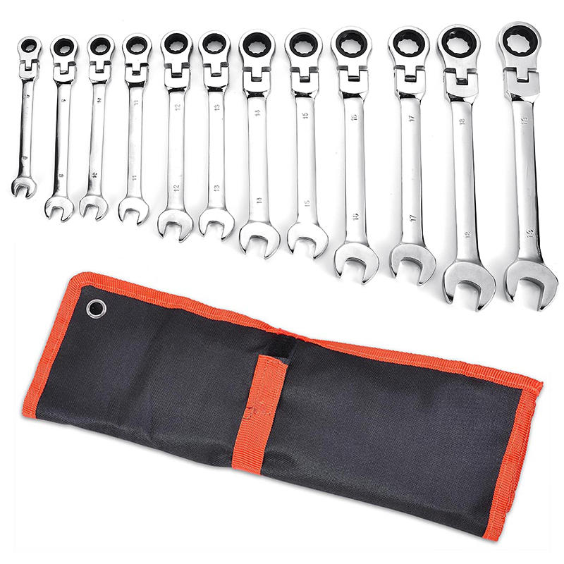 

12Pcs Flex Head Ratcheting Wrench Set 8-19mm Metric Combination Spanner with Pouch