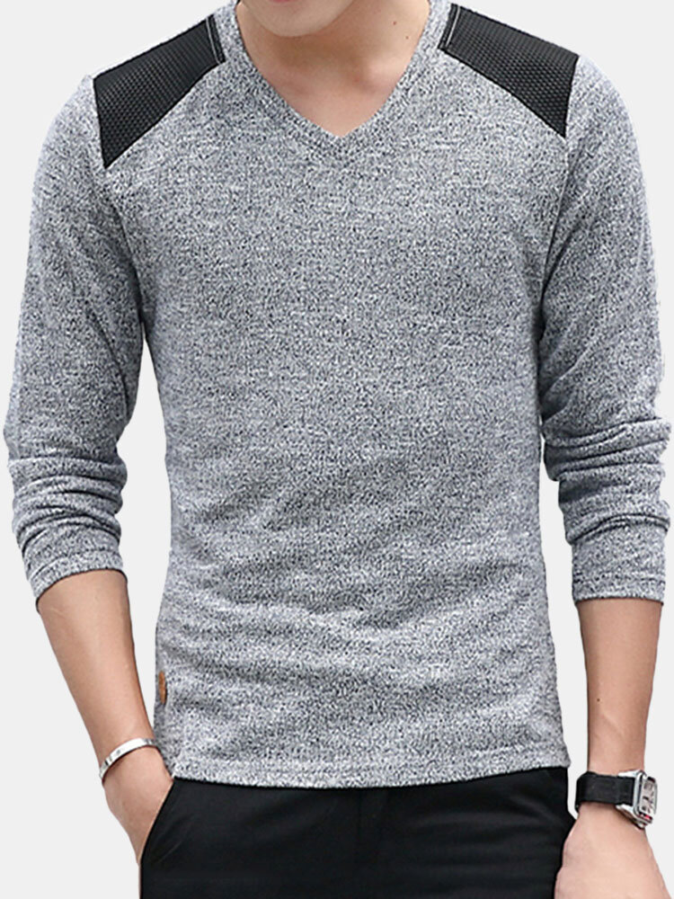 Autumn men's fashion v-collar pullovers sweater solid color slim fit ...