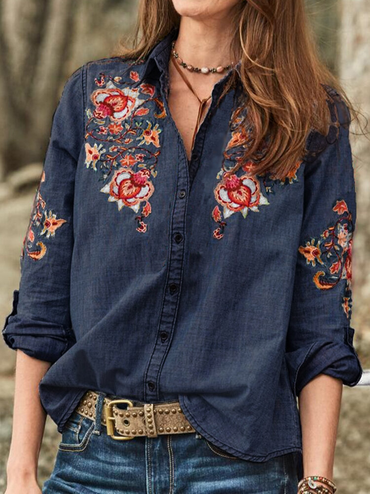 Women Long Sleeve V Neck Buttons Flower Embroidered Shirts