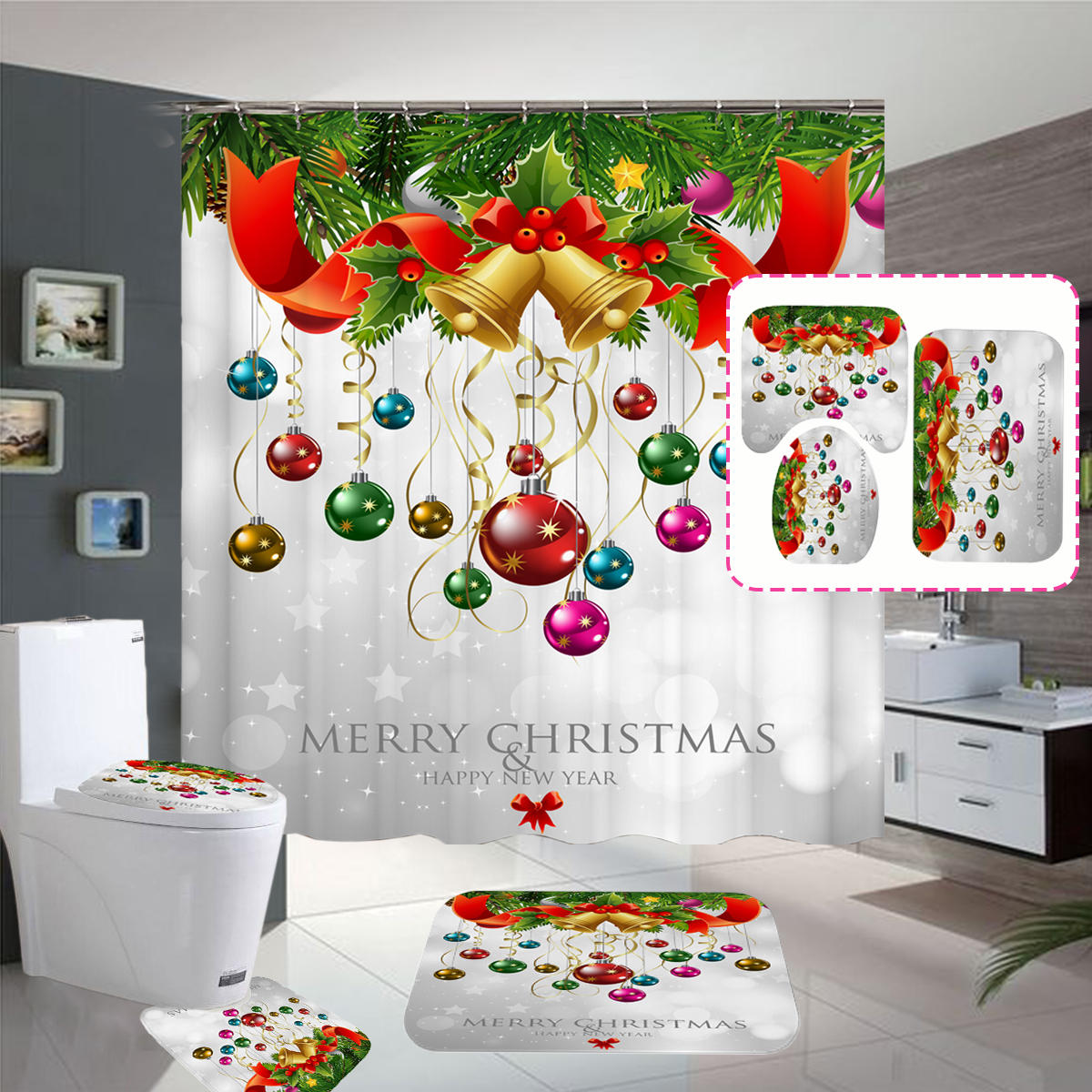 Merry Christmas Bell Waterdichte Badkamer Douchegordijn Badmatten Toilet Cover